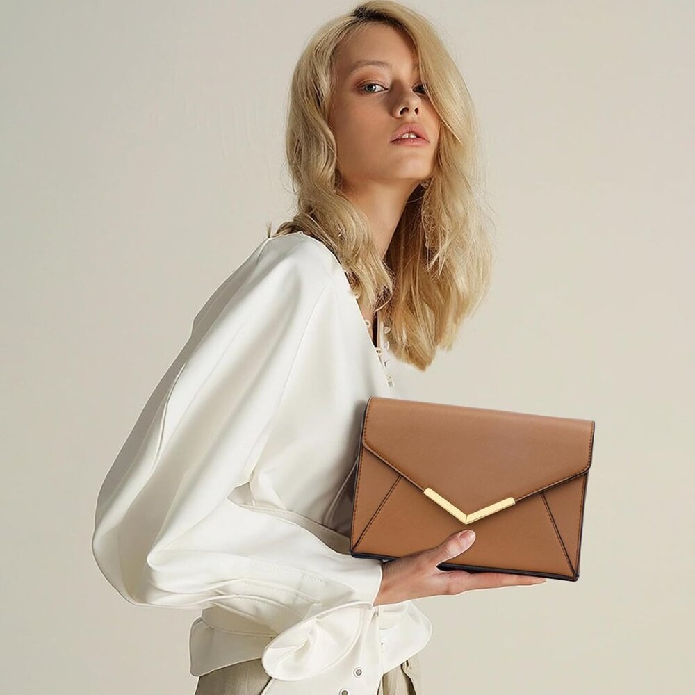 ⚡ Women's Brown Leather Elegant Snap Closure Envelope Foldover Clutch Bag